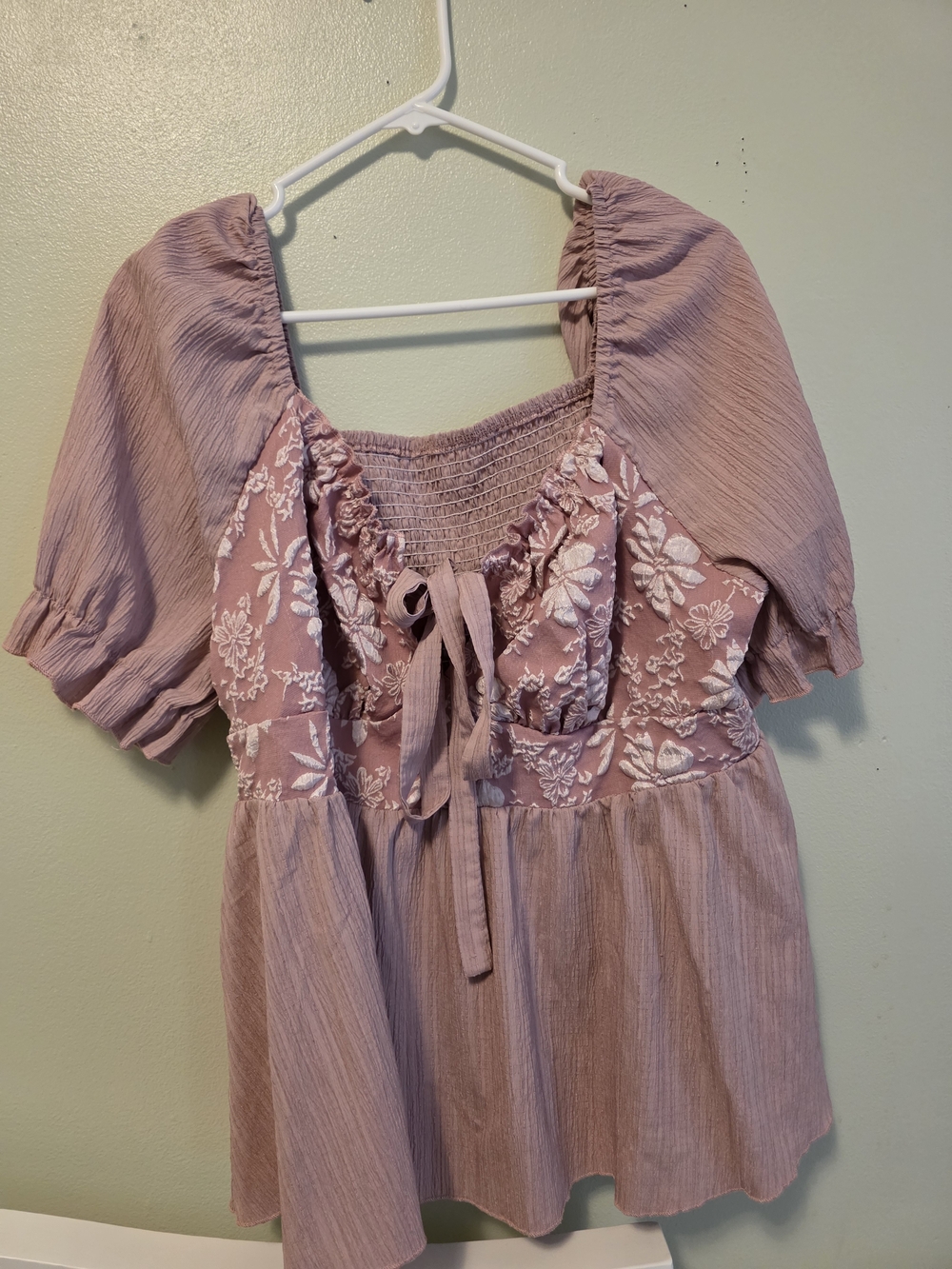 Mauve Embroidered Peasant Tunic with Front Tie